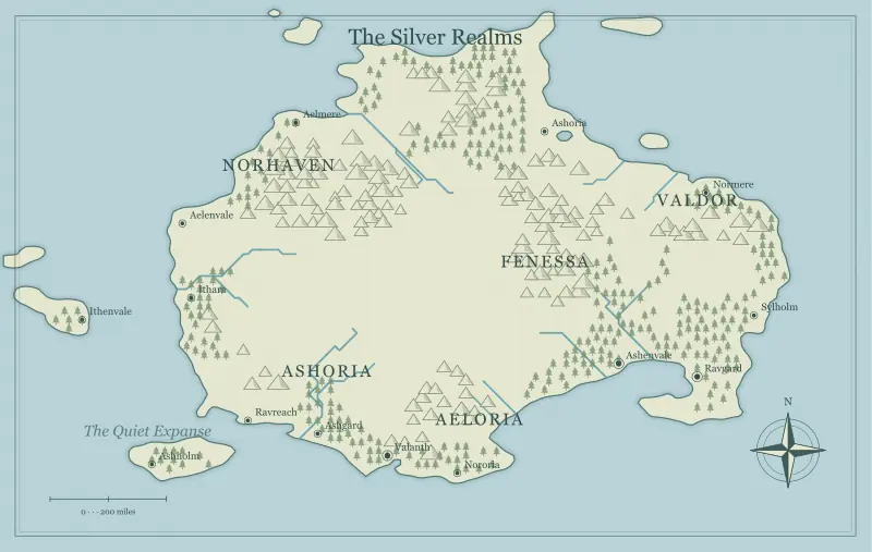 Original classic atlas fantasy continent map with named regions, towns, coastlines and terrain, used for turn a fantasy map into a useful worldbuilding notebook