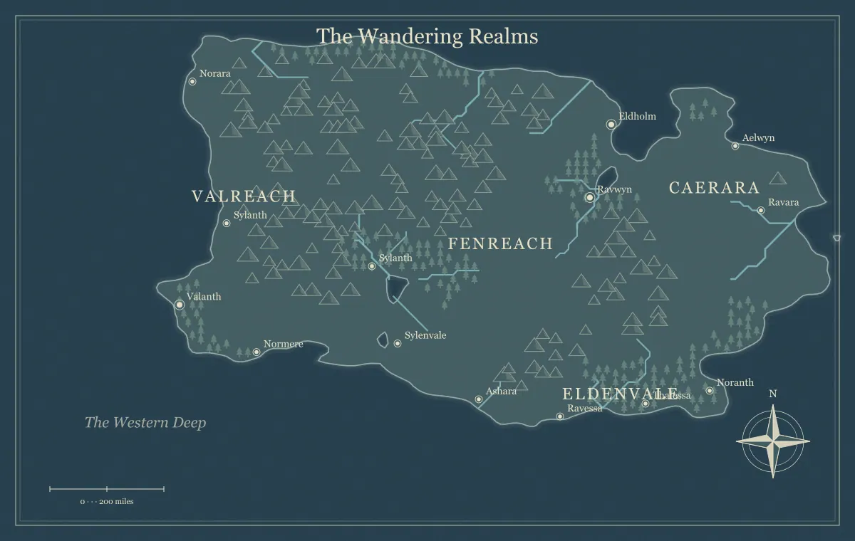 Original nightfall fantasy world map with named regions, towns, coastlines and terrain, used for fantasy name generator: create names with a world behind them