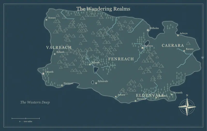 Original nightfall fantasy world map with named regions, towns, coastlines and terrain, used for fantasy name generator: create names with a world behind them