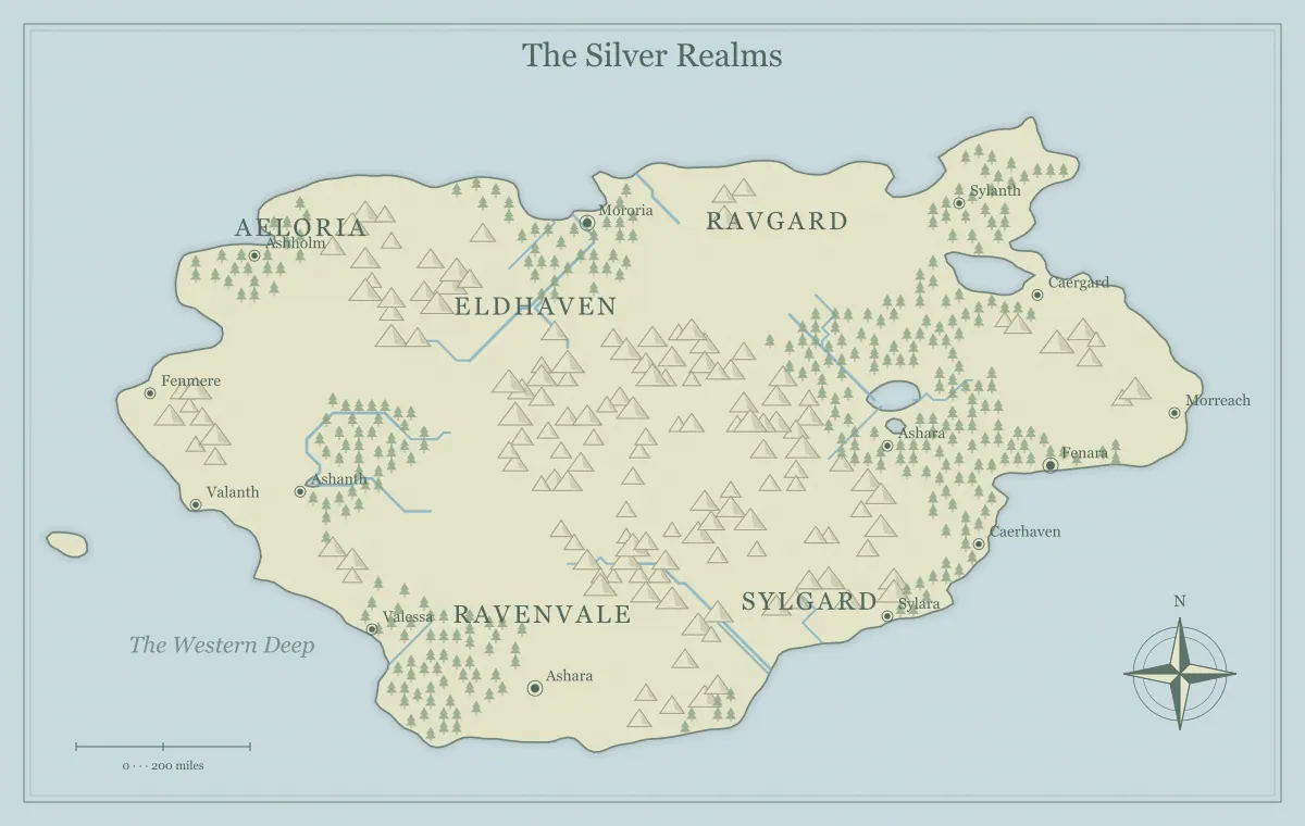 Original watercolor fantasy continent map with named regions, towns, coastlines and terrain, used for build your first world with a free fantasy map maker