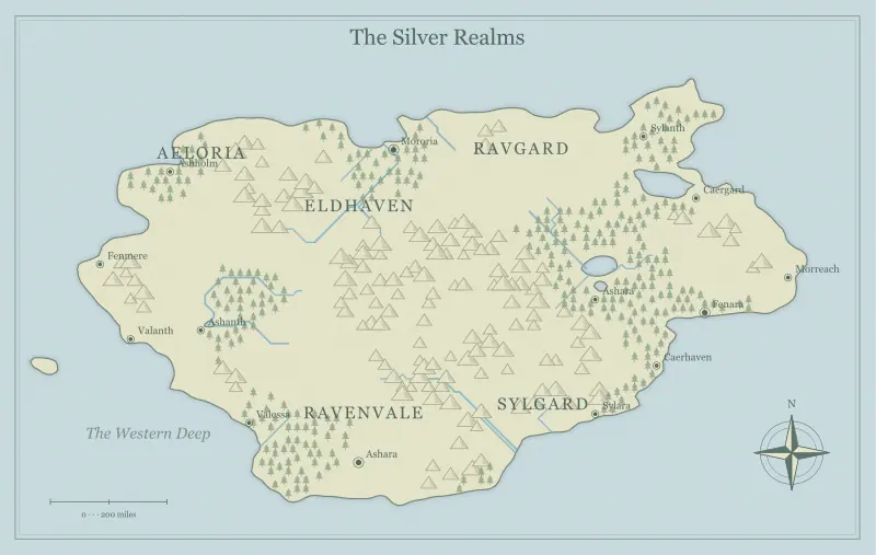 Original watercolor fantasy continent map with named regions, towns, coastlines and terrain, used for build your first world with a free fantasy map maker
