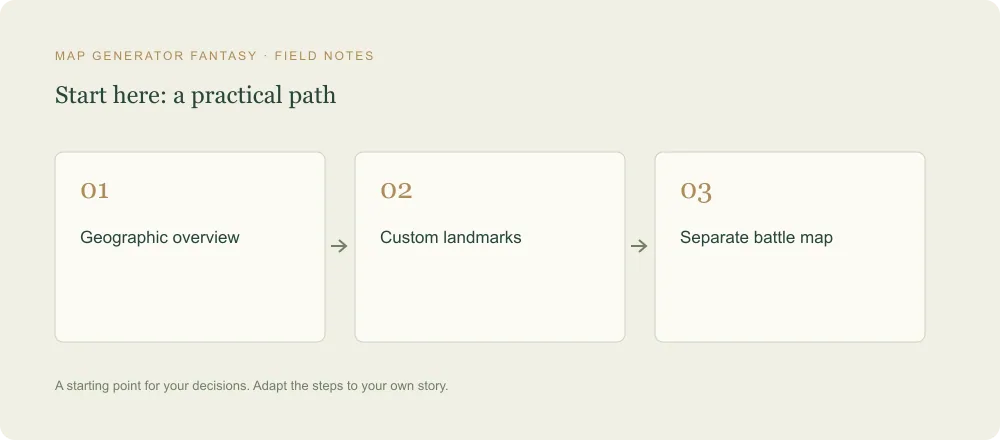 Three-step diagram: Geographic overview, then Custom landmarks, then Separate battle map