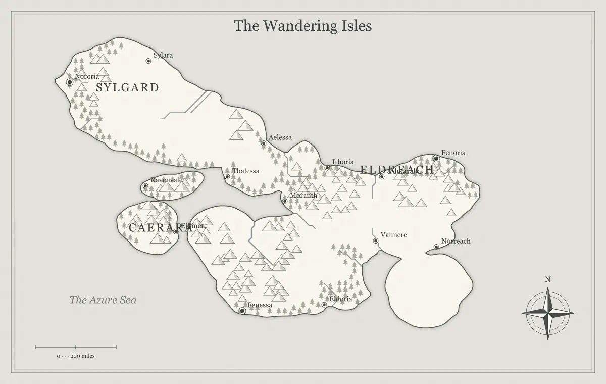 Original black-and-white ink fantasy archipelago map with named regions, towns, coastlines and terrain, used for what a free fantasy map maker can and cannot do
