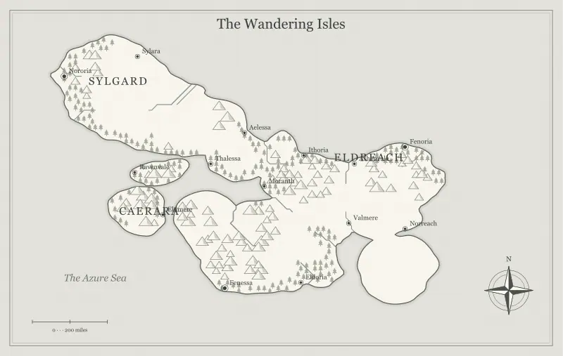 Original black-and-white ink fantasy archipelago map with named regions, towns, coastlines and terrain, used for what a free fantasy map maker can and cannot do