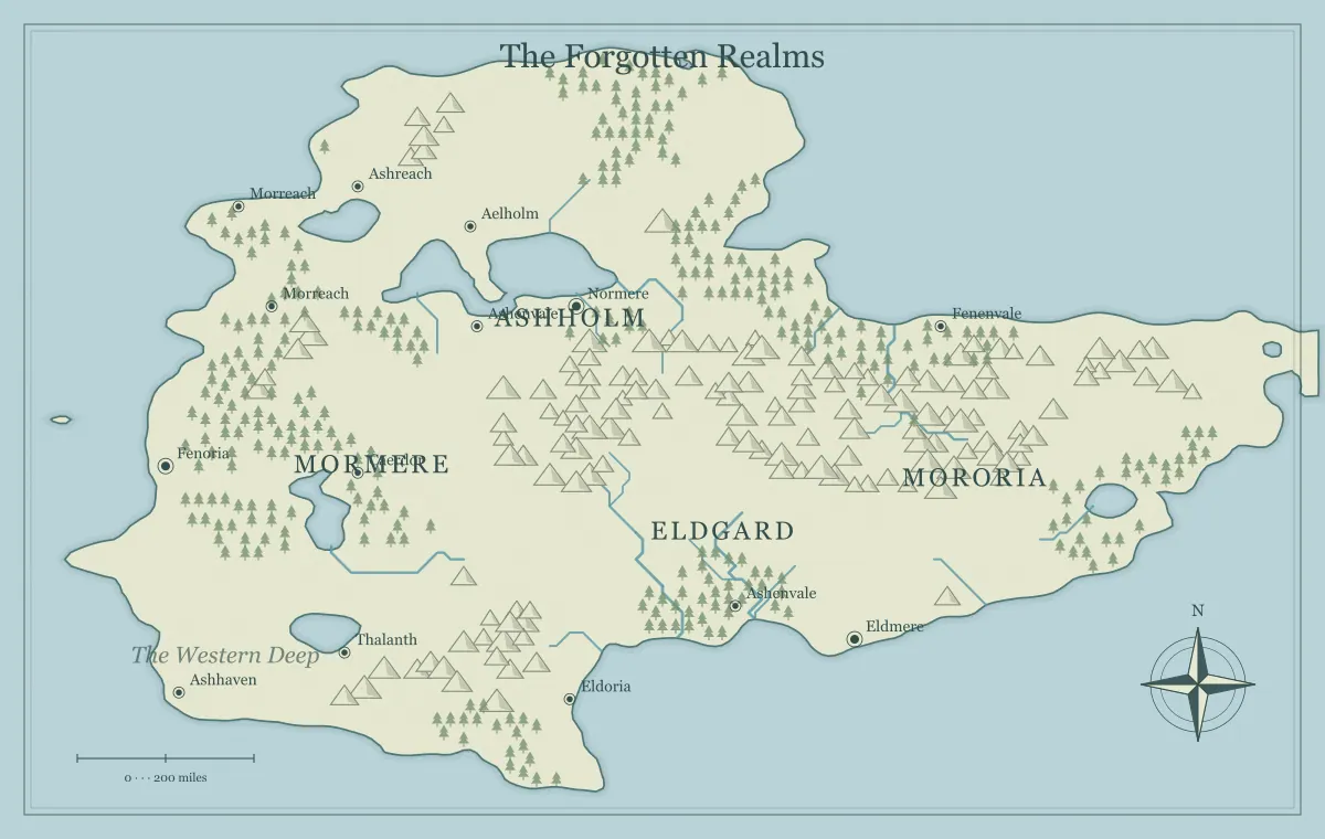 Original classic atlas fantasy continent map with named regions, towns, coastlines and terrain, used for a map maker for fantasy: from idea to finished realm