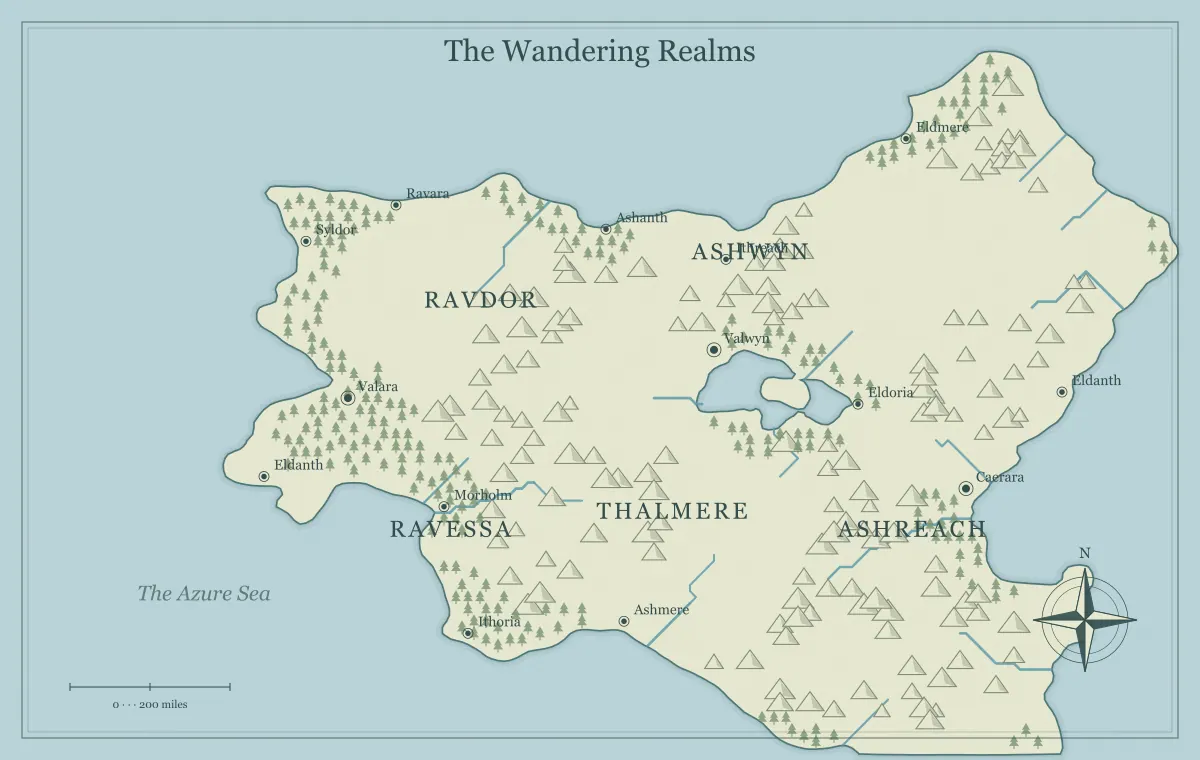Original classic atlas fantasy world map with named regions, towns, coastlines and terrain, used for give your fantasy world memorable names