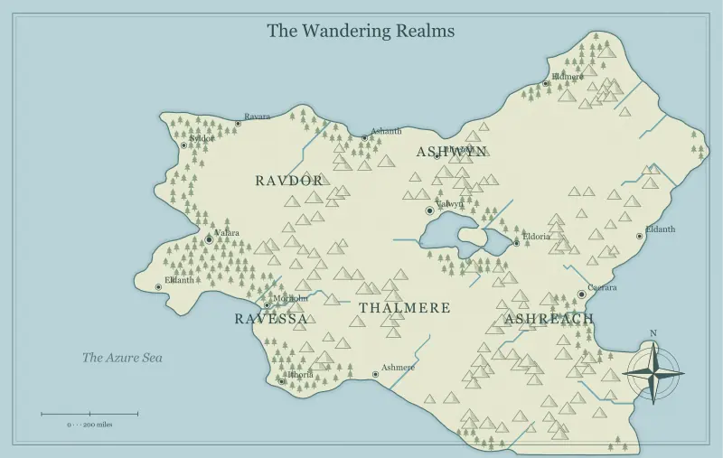 Original classic atlas fantasy world map with named regions, towns, coastlines and terrain, used for give your fantasy world memorable names