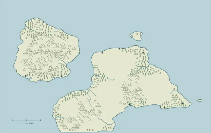 An original illustrated fantasy world with coastlines, mountains and place names